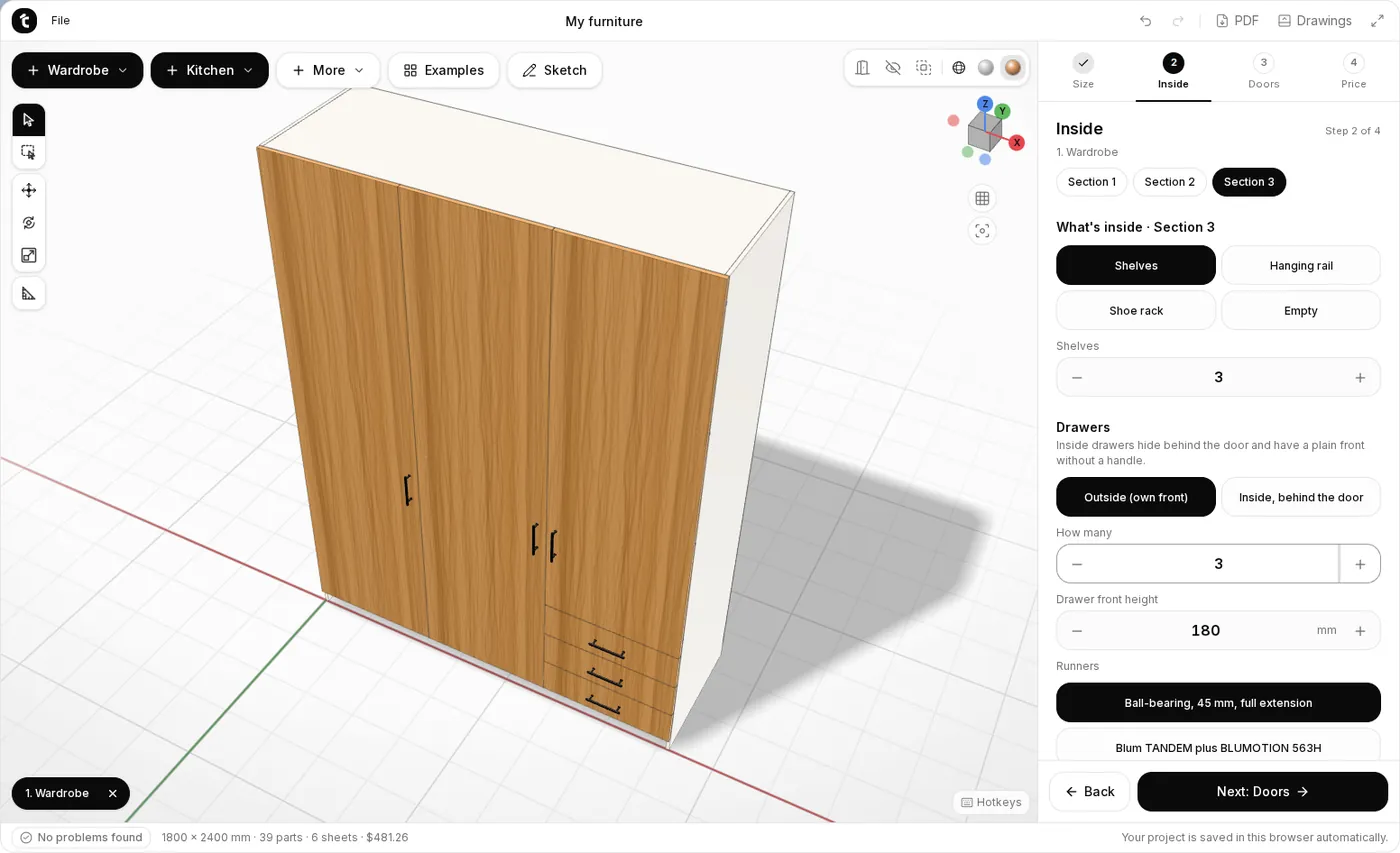 The Inside step: three sections — rail, shelves, shelves with drawers