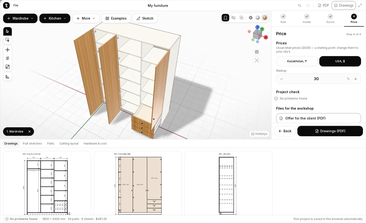 The Drawings panel: front view, fronts and side section